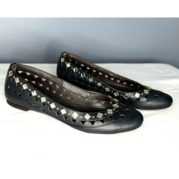 Tory Burch Shoes Womens 7 Black Kingsbridge Leather Ballet Flats Mirrored Cutout - Picture 1 of 16
